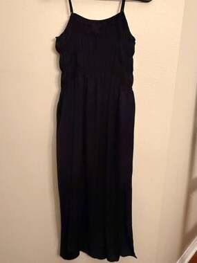 Gap Black Shirred Bodice Spaghetti Strap Maxi Dress with Side Slit